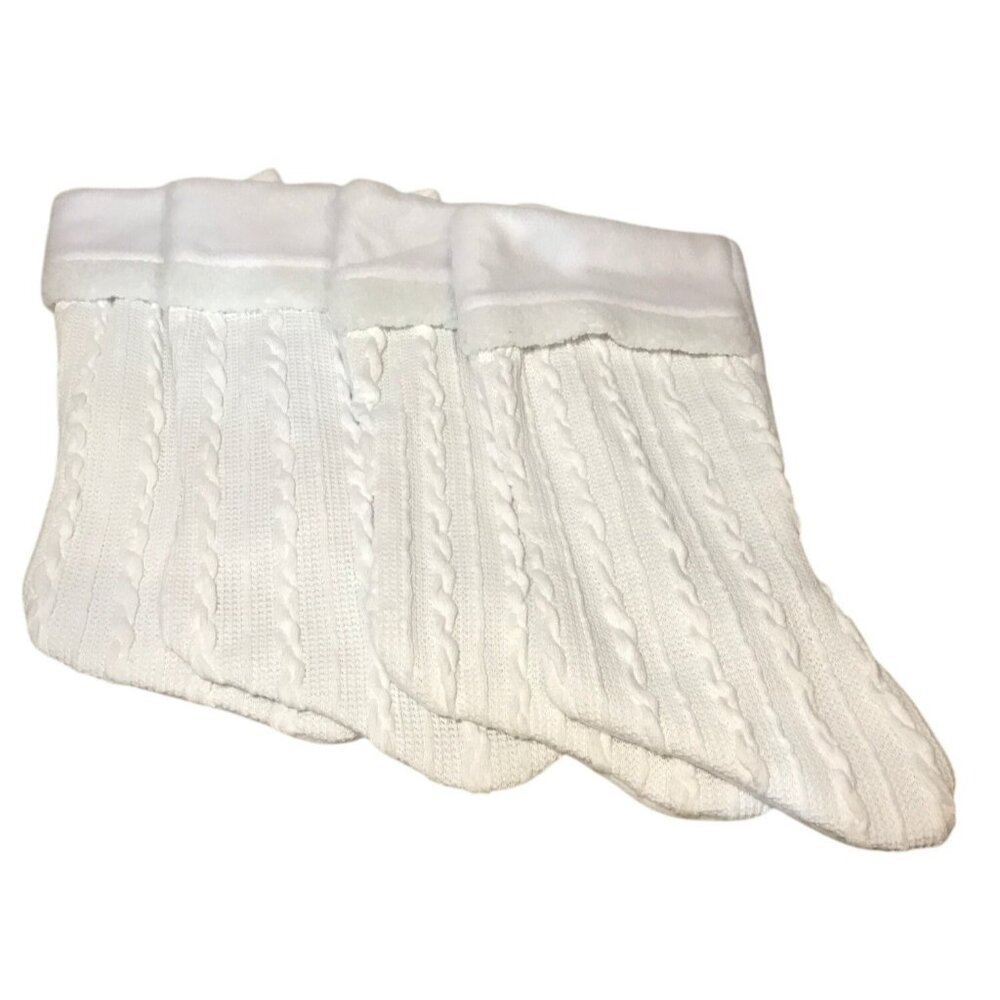 Set of 4 Handmade White Cable Knit Christmas Stockings Fleece Cuff